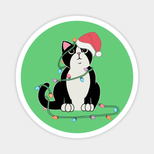 Tuxedo Cat Christmas lights funny cat lover xmas hat Magnet